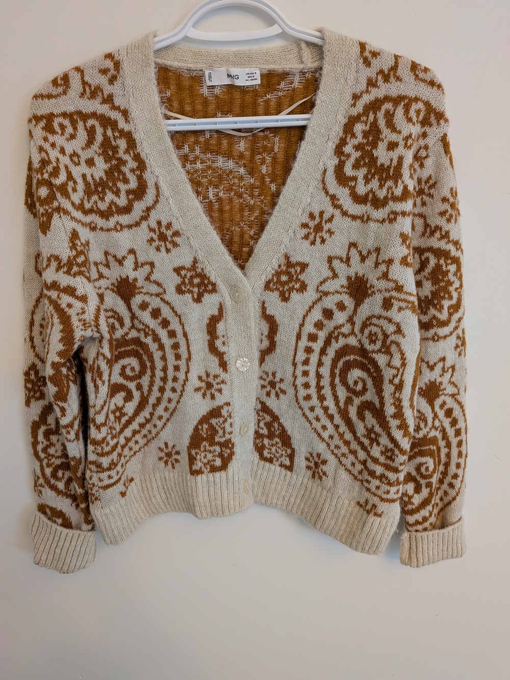 Mango Cream & Camel Paisley V-Neck Button Cardigan